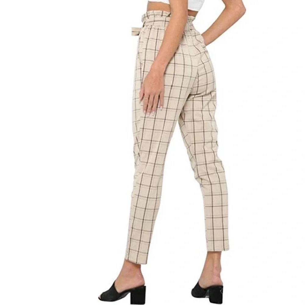 Belted frill high waist plaid pants